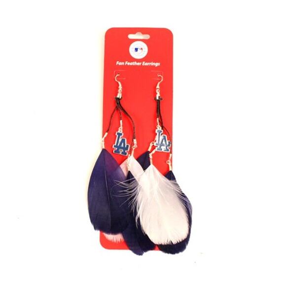 MLB Los Angeles Dodgers Feather Earrings LA J Hook Jewelry Blue Baseball Logo - Picture 1 of 3